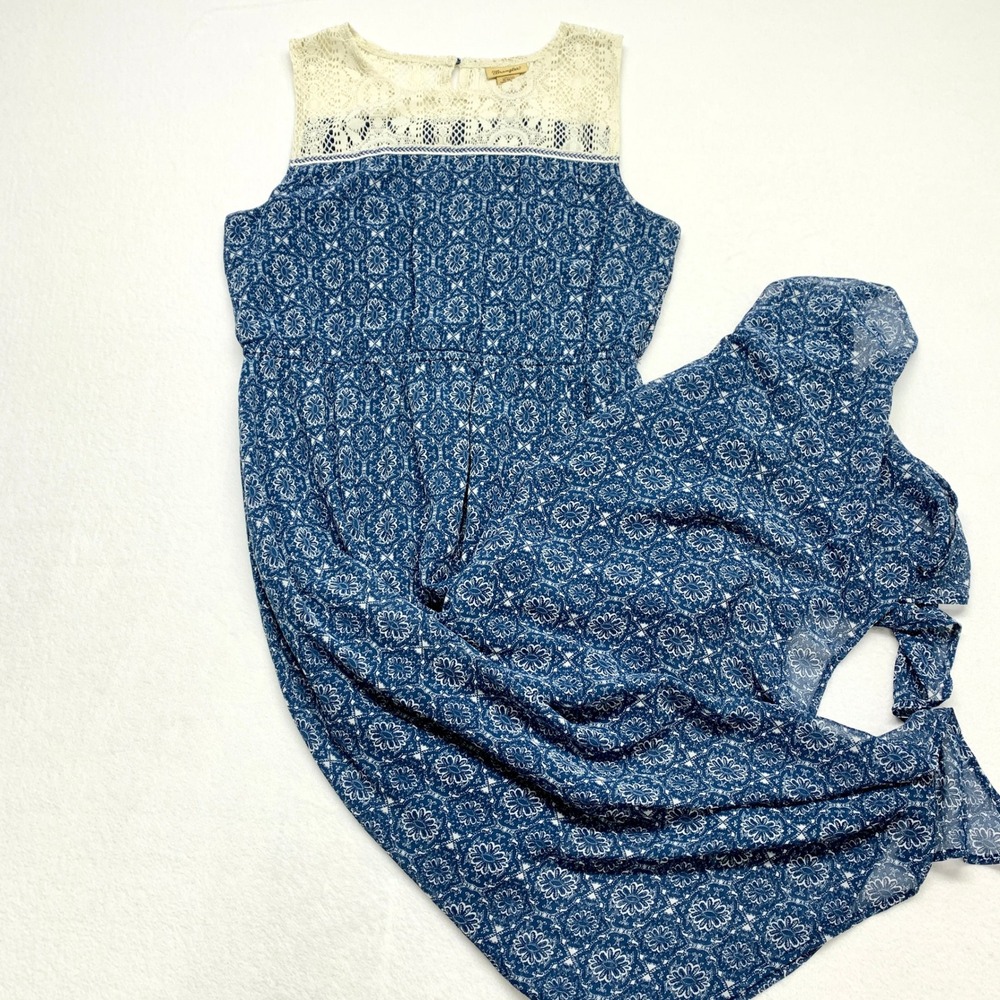 Wrangler Boho Lace Yoke Maxi Dress Womens Size M Blue Floral Western Sleeveless